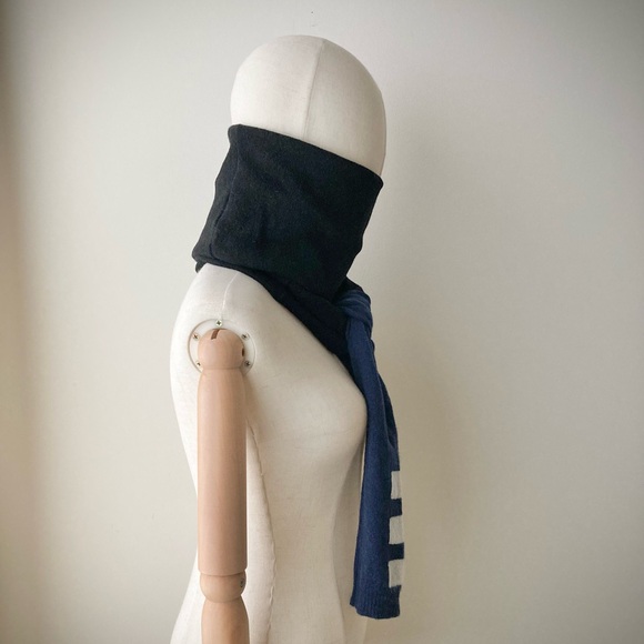 joodito 100% cashmere sweater preppy tie scarf muffler winter black navy striped - Picture 5 of 9